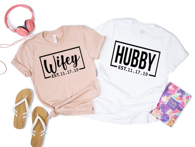 Wifey & Hubby Matching Couple T-Shirts – Custom Wedding Anniversary Shirts