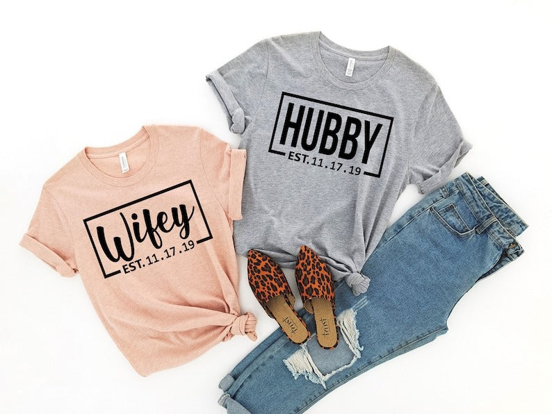 Wifey & Hubby Matching Couple T-Shirts – Custom Wedding Anniversary Shirts