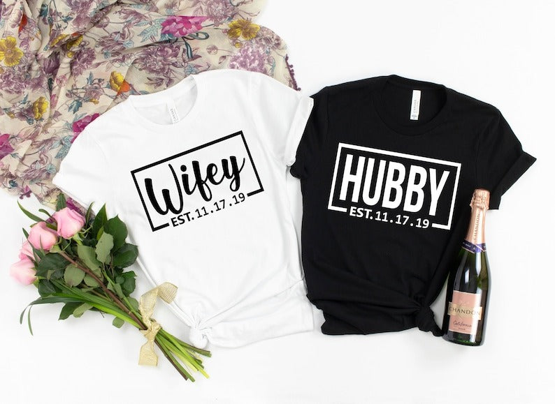 Wifey & Hubby Matching Couple T-Shirts – Custom Wedding Anniversary Shirts